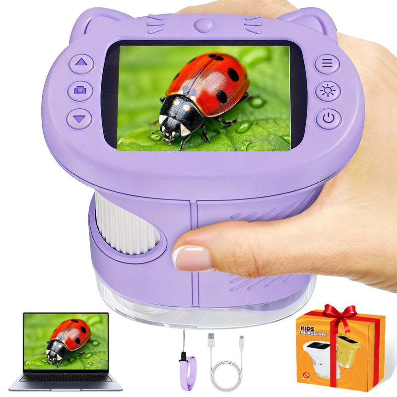 Pocket Kids Microscope, 1000X Handheld Microscope for Kids w/2.4'' Screen, Photo Video Mini Portable Microscopes Science Edu Digiscope, Christmas Birthday Gifts Ideas for Kids Ages 3-12 (Purple) Purple
