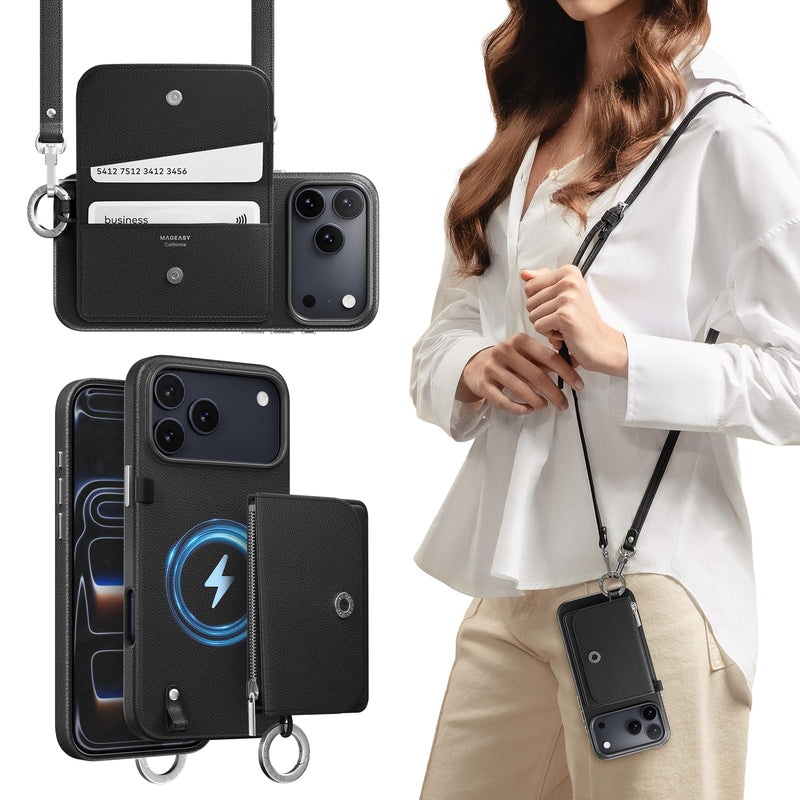 MAGEASY Pouch MagSafe Crossbody Wallet Case for iPhone 18 Pro Max & 17 Pro Max - Removable Wallet with Strap, 16ft Drop Protection, Card Holder Coin Pocket Magnetic Purse Case with Lanyard (Black)