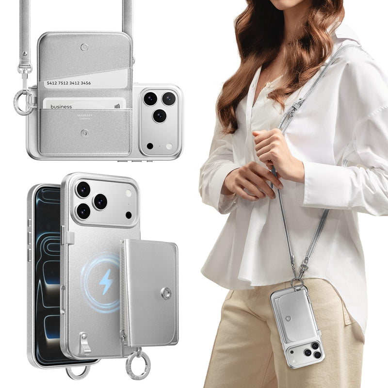 MAGEASY Pouch MagSafe Crossbody Wallet Phone Case for iPhone 18 Pro Max & 17 Pro Max - Removable Wallet with Strap, 16ft Drop Protection, Card Holder Coin Pocket Magnetic Purse (Silver)