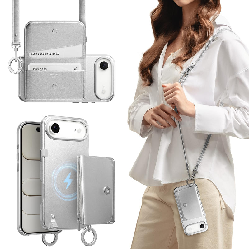 MAGEASY Pouch MagSafe Crossbody Wallet Phone Case for iPhone 17 Air 6.5", Removable Wallet with Strap Adjustable, Drop Protection Magnetic Purse Case, RFID Blocking Card Holder Coin Pocket (Silver)
