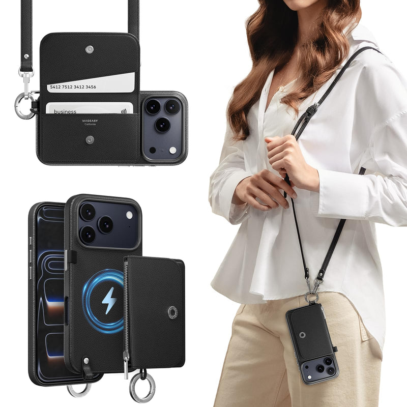 MAGEASY Pouch MagSafe Crossbody Wallet Case for iPhone 18 Pro & 17 Pro - Removable Wallet with Strap, 16ft Drop Protection, Card Holder Coin Pocket Magnetic Purse Case with Lanyard (Black)