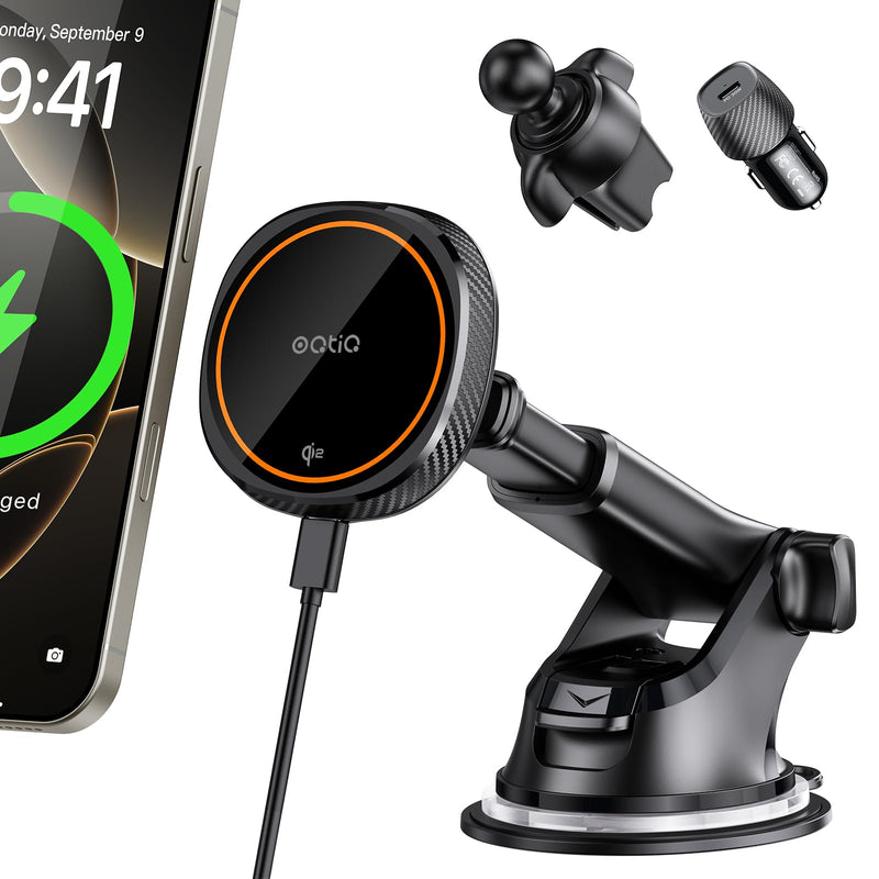 OQTIQ for Magnetic Car Mount Charger- QI2 15W Fast Wireless Charging | Strong Magnetic Grip, Built-in Cooling Fan, Suction Cup & Vent Mount [PD 30W Adaptor Included] Orange - QI2 15W Version