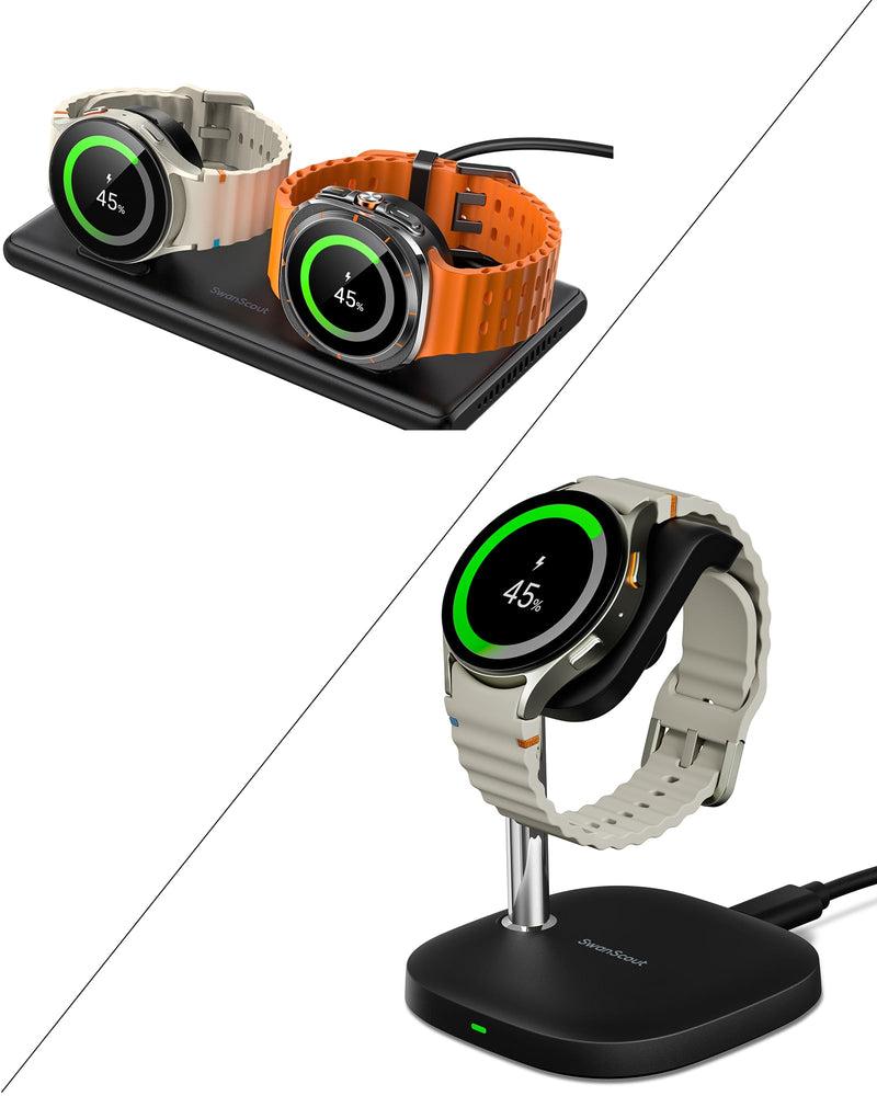 SwanScout Charger Stand and Dual Charger for Samsung Galaxy Watch 7/Ultra/6/6 Classic/5/5 Pro/4/3/Active 2/Active