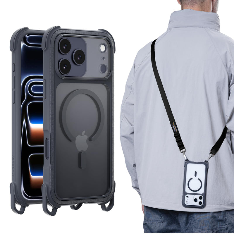MAGEASY Odyssey MagSafe Crossbody iPhone Case with Strap for iPhone 17 Pro Max 6.9", 20ft Drop Protection, TPU Leather Shoulder Phone Carrying Case with Adjustable Lanyard (Midnight) Midnight