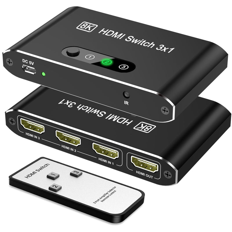 [AUSTRALIA] - HDMI 2.1 Switch 3 in 1 Out,8K HDMI Splitter Switcher,Supports 4K@120Hz,8K@60Hz, 48Gbps Ultra HD HDMI Box, Aluminum Shell, Compatible with PS4/PS5, Xbox, Fire Stick, Apple TV, Roku, HD TV. 8KBlack 