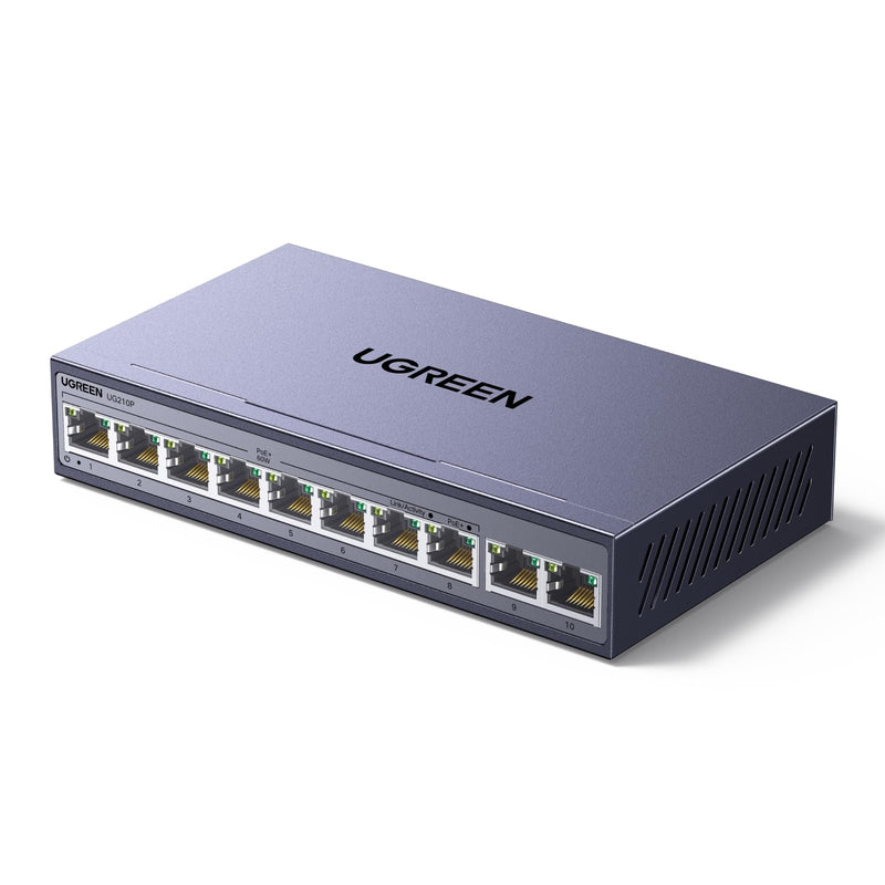 UGREEN Ethernet Switch, 10-Port PoE Switch, 8 PoE+@60W + 2 Gigabit Uplink | Plug & Play, Standard/Port Isolation(VLAN)/Extend Mode, PoE Auto Recovery, Metal Unmanaged Network Hub for Security Camera 35372US