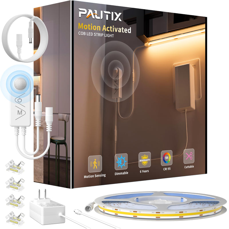 [AUSTRALIA] - PAUTIX COB LED Strip Lights 2700K Warm White,Motion Sensor LED Lights,Dimmable 24V Motion Activated LED Strip Light,20ft Super Bright with Dual Lighting Mode,for Under Cabinet,Kitchen,Stairs,Bedroom 2700K-20ft(DC24V) 