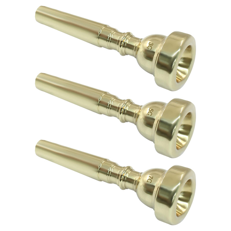 3 Pack Trumpet Mouthpiece, 7C 5C 3C Gold Brass Trumpet Mouthpiece Set Compatible with Yamaha, Cleaning Cloth for Beginners Professional Players