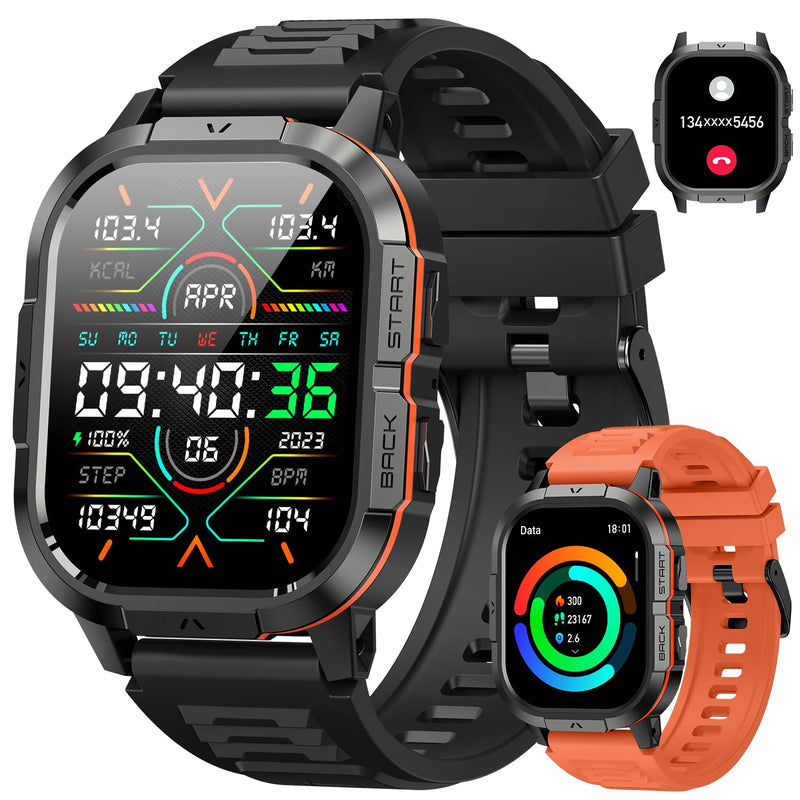 Smart Watches for Men-2.06”AMOLED(Answer/Make Calls), IP68 Fitness Activity Step Tracker with Sleep Monitor/110+ Sports Modes, Tactical SmartWatch for Android iOS Samsung Compatible,Orange Orange 2.06