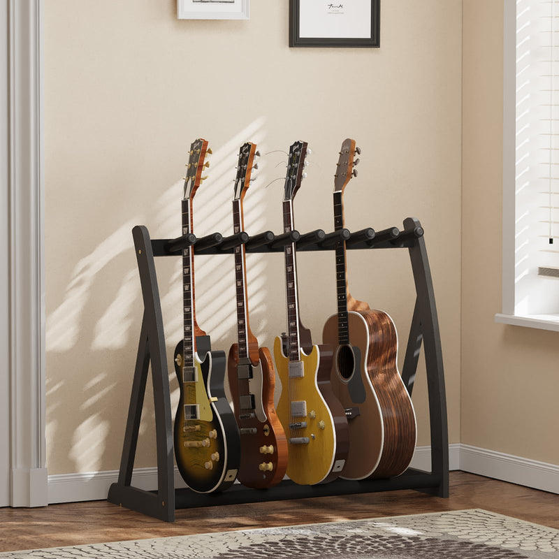 Multi Guitar Stand Heavy Duty - Wood Floor Stand for Electric Guitar and Bass, Adjustable Non-Slip Guitar Rack, Holds Multiple Guitars & Basses (Electric Guitar Stand, Bass Stand, Wood Guitar Stand) Black