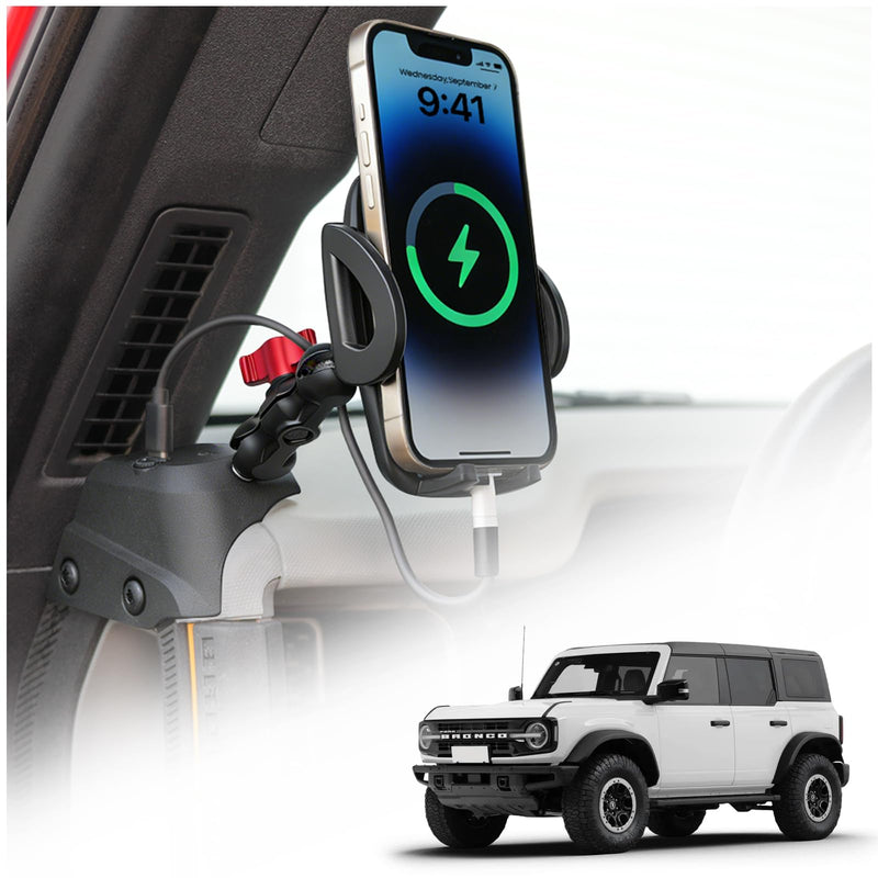 Phone Holder with Charging C Port for Ford Bronco 2021 2022 2023 2024 2025 2026, Easy One Touch Lock, Adjustable Angle 360° Phone Mount for Bronco Accessories (NOT fit for Sport) Clamp