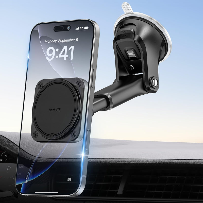 APPS2Car Magnetic Car Mount for MagSafe, Dashboard and Windshield Holder | With Telescopic Arm, Magnetic Phone Holder for Your Car, Designed for iPhone MagSafe Case Dark Black