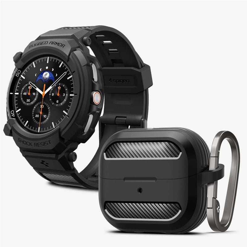 Spigen Rugged Armor Pro Designed for Galaxy Watch8 Classic and Rugged Armor Designed for Buds 3/3Pro Case Bundle - Matte Black