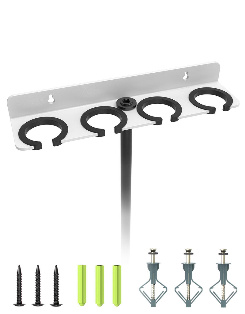 4-Slot White Multi Microphone Holder for Wired and Wireless Mics, Hold Up to 4 Mics, Multiple Mic Organizer Storage for Mic Stand, Rubber Padding/Wall Mounted or Mounted to 5/8"-27 or 3/8"-16 Stand