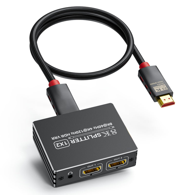 [AUSTRALIA] - HDMI 2.1 Splitter 1 in 2 Out 4K 120Hz with 8K HDMI Cable and Power Adapter, BolAAzuL 8K 60Hz 1x2 HDMI Y Splitter with Audio Out for Dual Monitors Duplicate, Support HDCP 2.3 HDR for PS5/Xbox/PC/TV Splitter + HDMI Cablex1 