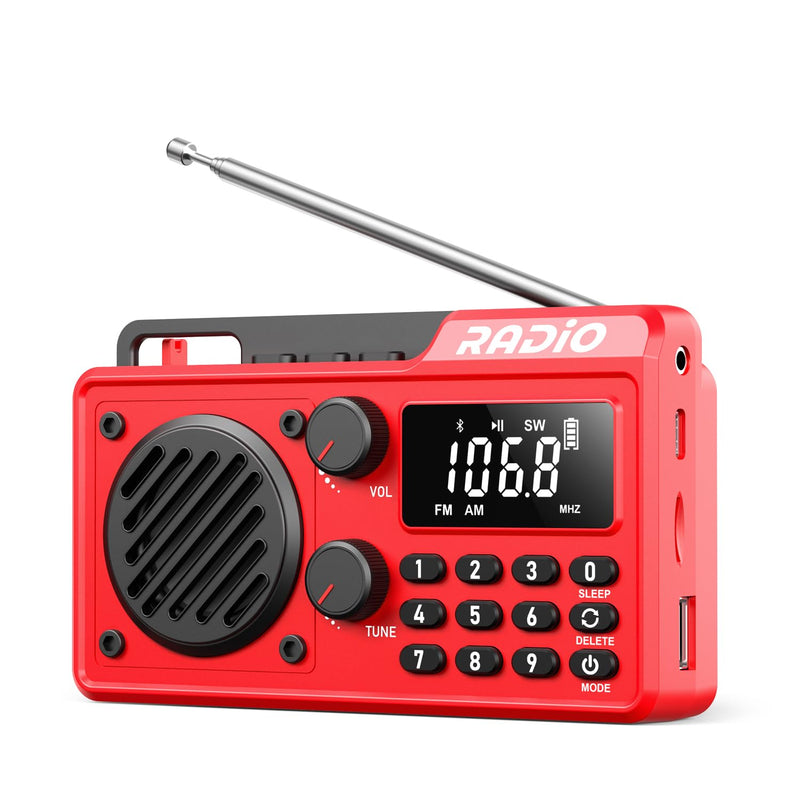 [AUSTRALIA] - Portable Radio AM FM 1500mAh Rechargeable with Best Reception, Transistor shortwave Radio Wireless Bluetooth Speaker, with Large LCD Screen, Support TF Card U Disk, Earphone, Sleep Timer (Red) Red 