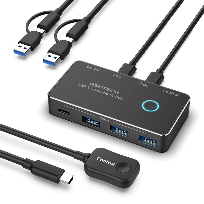 RSHTECH USB 3.0/USB C Switch 2 Computers Share 4 USB Devices, RSH-A201R | USB Switcher Selector with 4 USB 3.0 Data Ports(3 USB-A+1 USB-C), 2 Cables and Controller for Keyboard, Mouse and Printer Black 4 Ports USB Switch