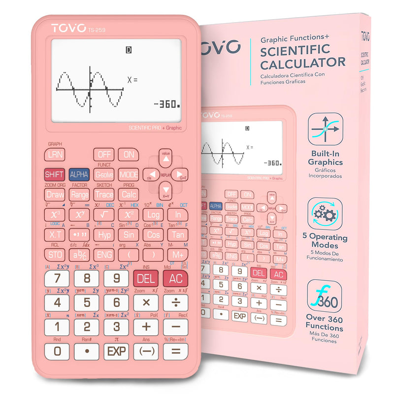 TOVO Scientific Calculator with Graphic Functions, 360+ Functions Graphing Calculator for Students, Large 3" Screen Multi-Mode Scientific Calculators for High School & College, TS-259 Pink