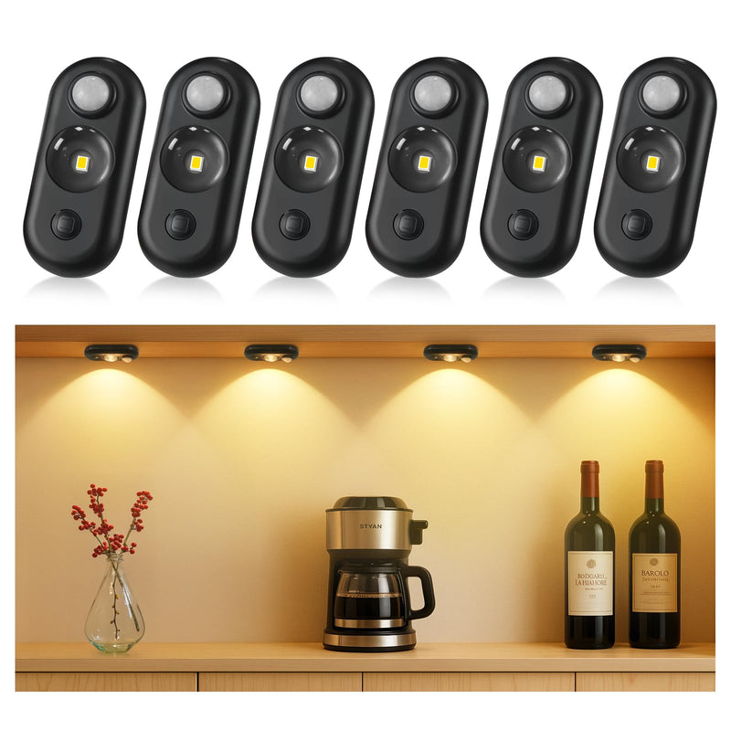 [AUSTRALIA] - LED Motion Sensor Puck Lights, Small Rechargeable Under Cabinet Light, Dimmable Warm White Closet Lights, Wireless Under Cabinet Lighting for Drawer, Kitchen (6 Pack) 6 pack-Black 