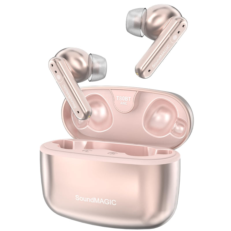 SoundMAGIC T80BT True Wireless Earbuds, Hybrid ANC, HiFi, Clear Calls, Pink | Comfortable noise reduction, Rich layered stereo, Pressure-free wear, 25hr battery, IPX5 waterproof, Seamless dual pairing