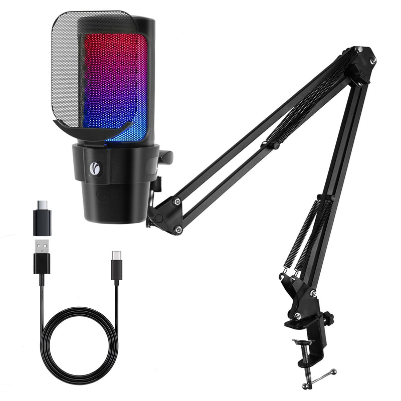 VCOM Gaming USB Microphone Kit,Condenser Dynamic Boom Arm Mic for Podcasting,Streaming, with Boom Arm Stand,Quick Mute,Pop Filter,RGB Indicator,Shock Mount,Rotate gain Button, Compatible with PS4/5/PC