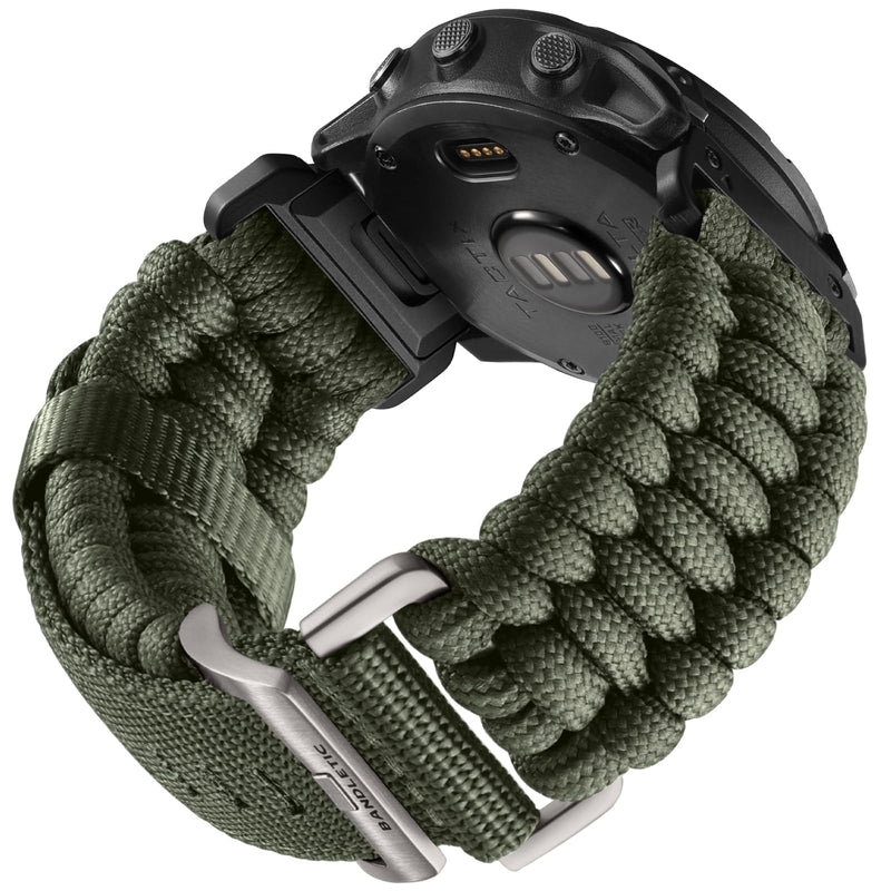 Bandletic Paracord Band Compatible with Garmin Watch Quick Fit 26mm | Hand-Woven 550 Paracord Build Softens with Wear, For Fenix 8 51mm/7X Pro/6X Pro/5X Plus/3 HR/Instinct 3 50mm/Tactix/Enduro Army Green Medium(6.3"-6.9")