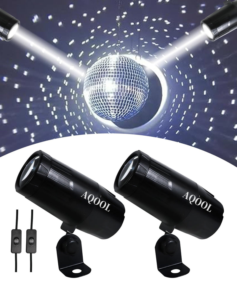 Disco Ball Spotlight 2 Pack, AQOOL Mini Pinspot Lights 5W White LED Beam Pin Spot Light Mirror Dsico Ball Light with ON/Off Button for Disco Party Bar DJ Events (No Remote)