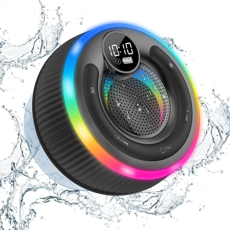 [AUSTRALIA] - Bluetooth Speaker, Shower Speaker Stereo Sound, IPX7 Waterproof Speakers, Digital Display Portable Speaker with Suction Cup, LED Light, Small Wireless Speakers for Outdoor Party Beach Bathroom, Black 