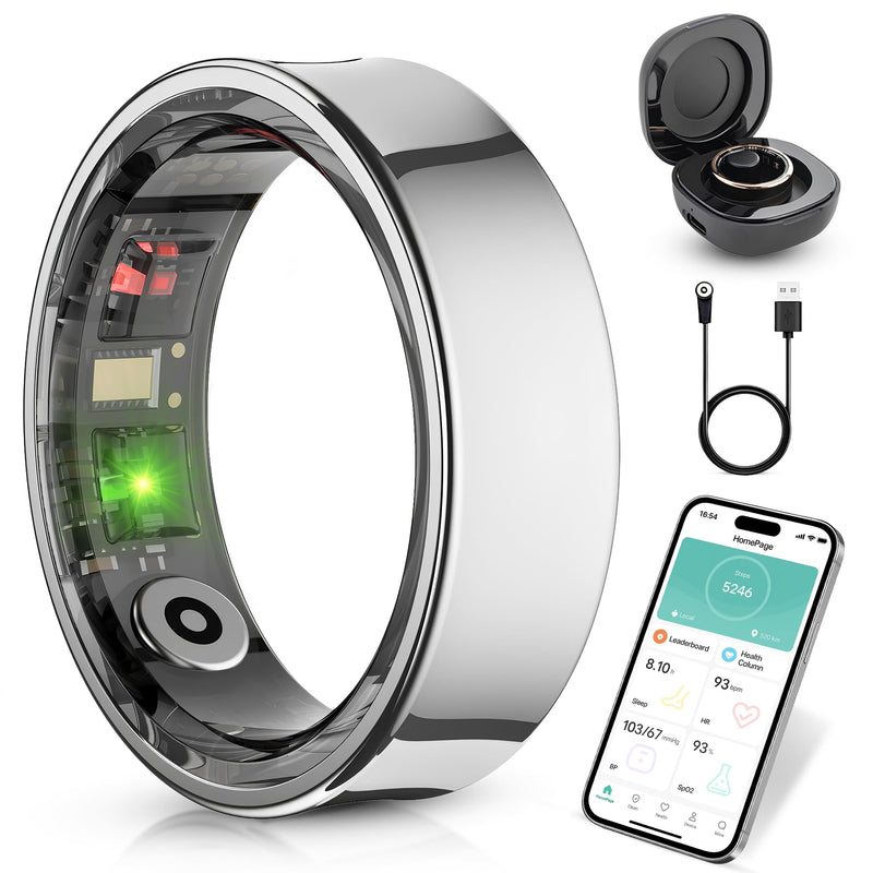 Smart Ring for Women Men - Heart Rate Sleep Tracker, 5ATM Water Resistant, Gesture Control, Charging Case, Bluetooth 5.2, Silver, Size 8