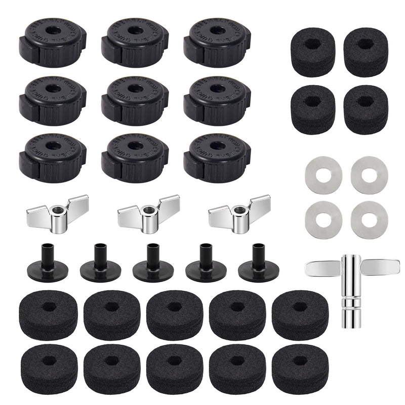 [AUSTRALIA] - 36 PCS Cymbal Replacement Accessories, Clutch Felts, Drum Cymbal Felt Pads Include Wing Nuts & Washers & Plastic Cymbals Sleeves & Drum Key and Plastic Cymbals Nuts, Replacement for Drum Set,Black Black 