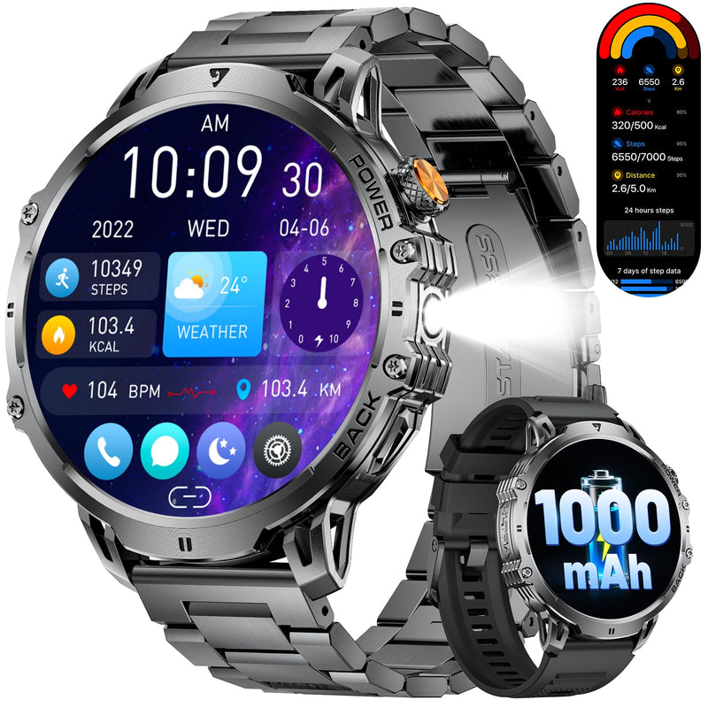 LIGE Military Smart Watches for Men(2 Bands),1000mAh/1.85" HD Large Screen Smartwatch, Flashlight/110+ Sports Modes/Sleep Monitor, Fitness Tracker Watch for Android iOS,Black Black