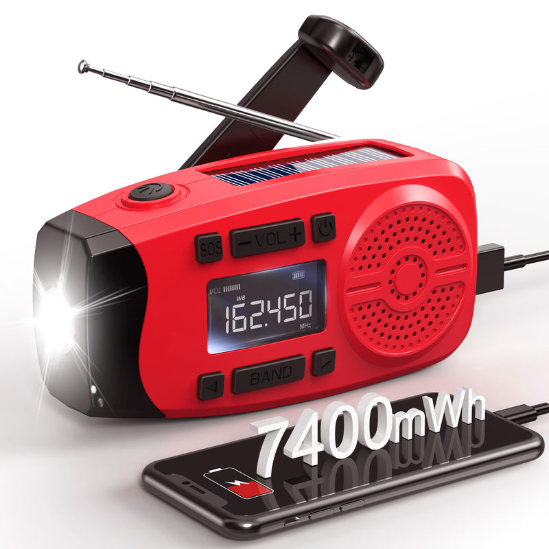 Runningsnail Emergency Weather Radio, 7400mWh Hand Crank Emergency Radio with LCD Display, Support Weather Alert Radio, USB/Solar/Hand Crank, 1W Flashlight & SOS Alarm for Outdoor & Home Emergency Red