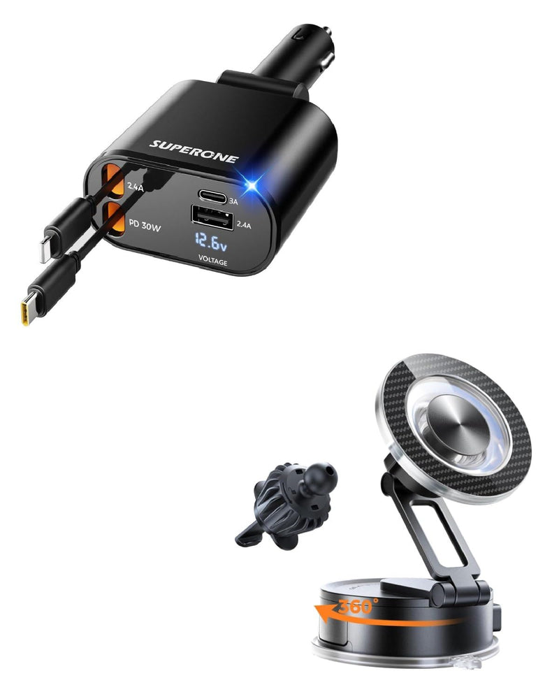 Bundle SUPERONE Retractable Car Charger 4 in 1 & 360°Adjustable Vacuum Phone Holder