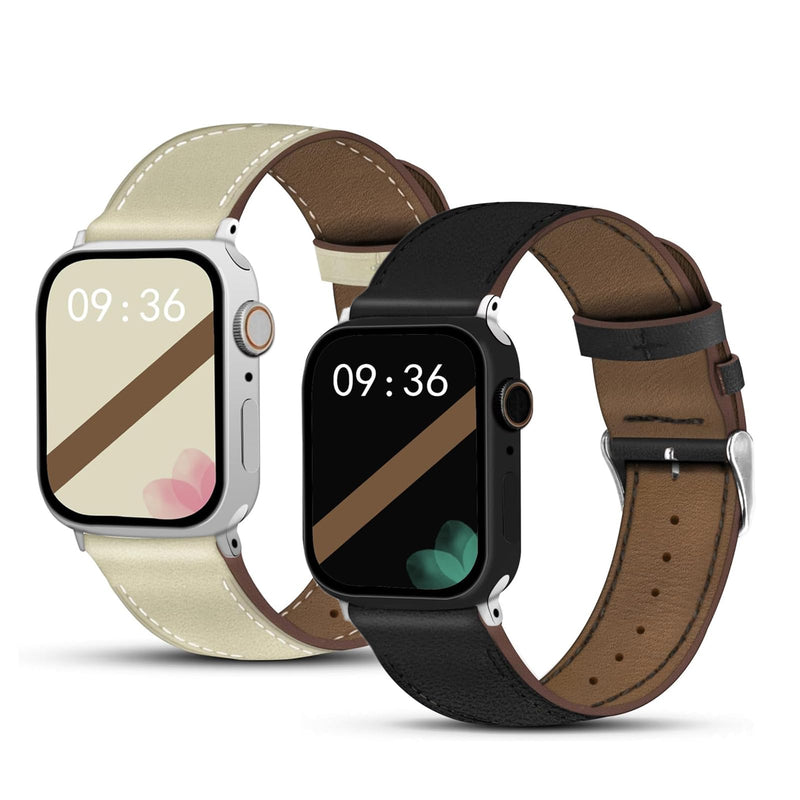 2 Pack Genuine Leather Band, Black and Beige Couple Watch Bands Compatible with Apple Watch Men Women 38mm 40mm 41mm 42mm 44mm 45mm 46mm 49mm