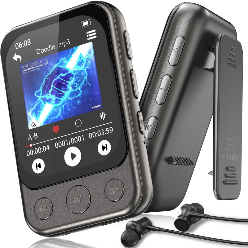64GB Clip on MP3 Player with Bluetooth 5.3, Built-in Speaker, 2" HD Touchscreen, FM Radio, Voice Recorder, Portable Music Player for Running, Gym, Shuffle Audio Video, Up to 128GB MicroSD Card Gunmetal Grey