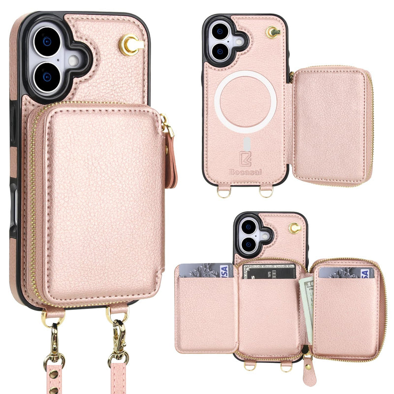 Bocasal for MagSafe Crossbody Wallet Case for iPhone 17, Rose Gold | for Wireless Charging RFID Blocking Protective Purse Case with Card Slot Holder Kickstand Wrist Strap Lanyard Zipper 6.3 Inch Rose Gold for MagSafe
