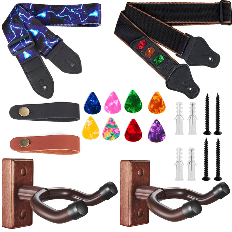 [AUSTRALIA] - KKG 2pack Guitar Wall Mount Wood Hanger,and 2pack Guitar Strap with Guitar Pick and Strap Button Accessories for Safe Storage and Display for Acoustic Electric Guitar Bass Banjo and Instruments. A:2 Hanger& 2 Strap 