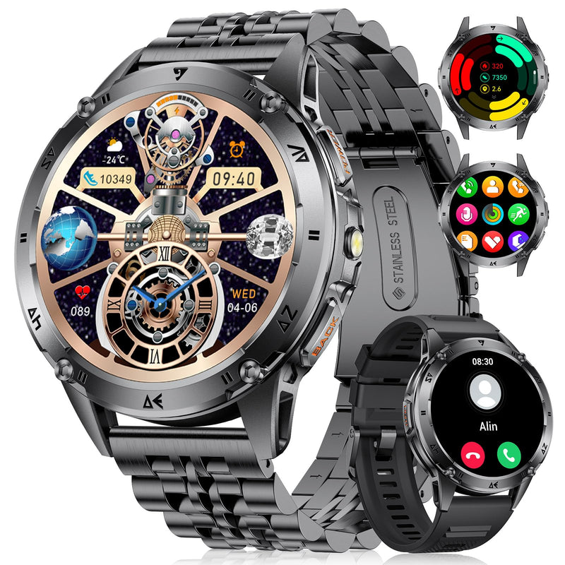 LIGE Military Smart Watch for Men iPhone Android 1.43" HD Amoled Rugged 120+ Sport Modes IP68 Waterproof Answer/Make Call Fitness Running Heart Rate Blood Pressure Health Mens Smartwatch EF6-E Gun Black Black