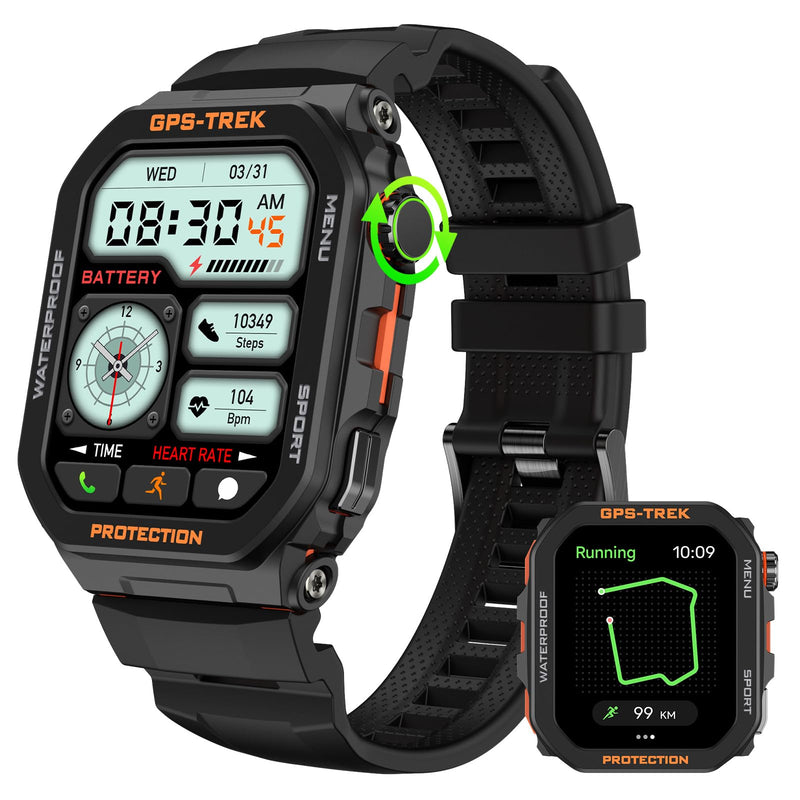 Military Smart Watches for Men Built-in GPS with Bluetooth Call 1.75" HD | Rugged Tactical Smartwatch Big Screen IP68 Waterproof Fitness Tracker Watch with Heart Rate Sleep Monitor for iPhone Android Black-orange