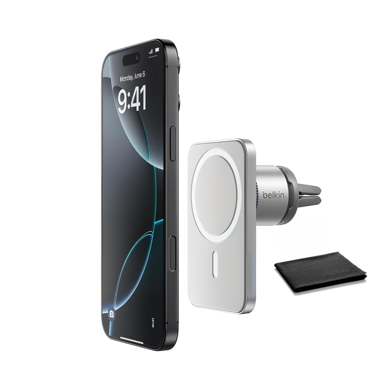 Belkin MagSafe Car Vent Mount Pro, Magnetic Phone Holder for iPhone 16/15/14/13/12, Secure Grip, Portrait & Landscape View, Cable Management, Air Vent Clip, Magsafe Compatible, Silver, Includes Cloth