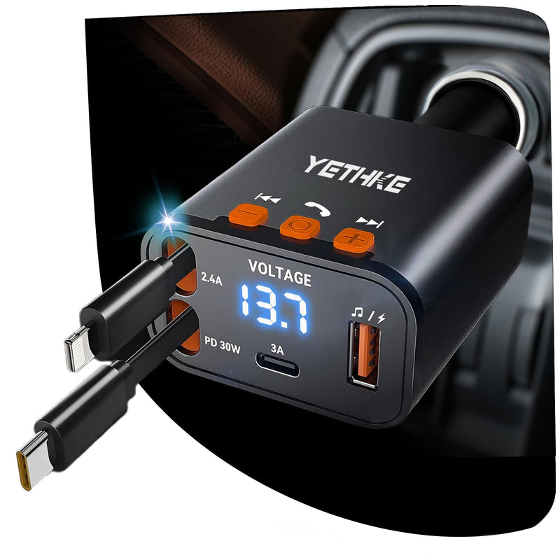 [AUSTRALIA] - Bluetooth Car Adapter with Retractable Charger, FM Transmitter Bluetooth 5.4 for Cars, 4 in 1 Fast Car Phone Charger 69W, Handsfree Call, 2*Retractable Cable for iPhone 17/16/15/14, Galaxy-Black Black 