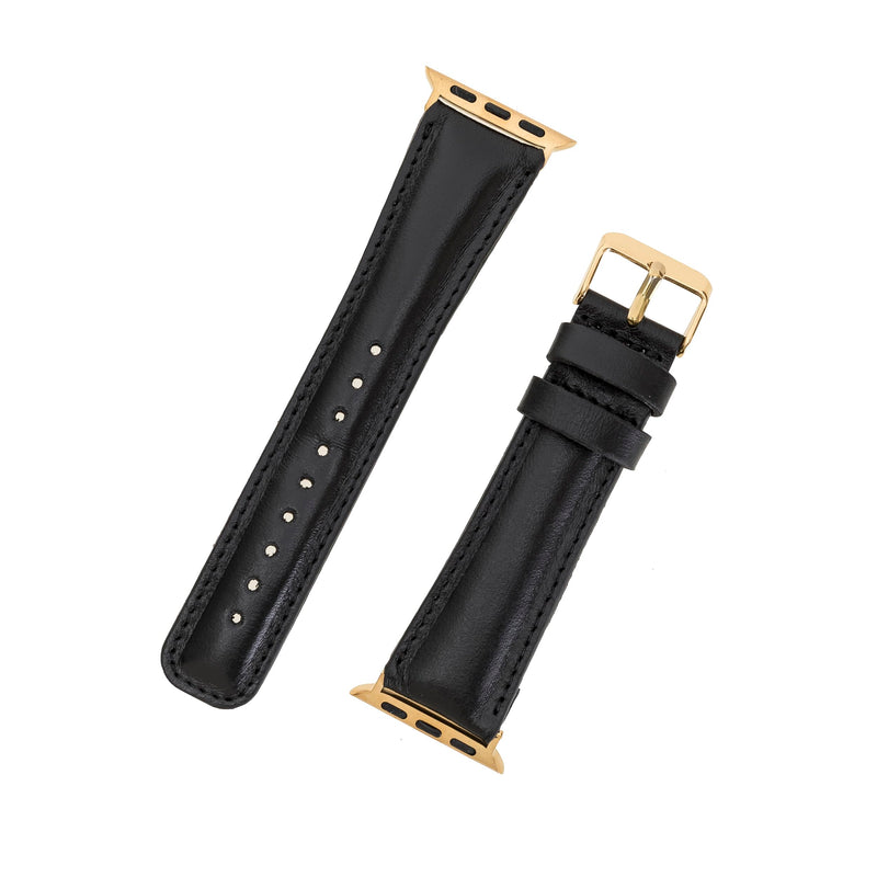 Handmade Full-Grain Leather Watch Band for Apple Watch Series 10-1 Compatible with 38 40 41mm Apple Watch Bands for Women & Men 7-9 Inches Size, Black w/Gold Connector&Clasp