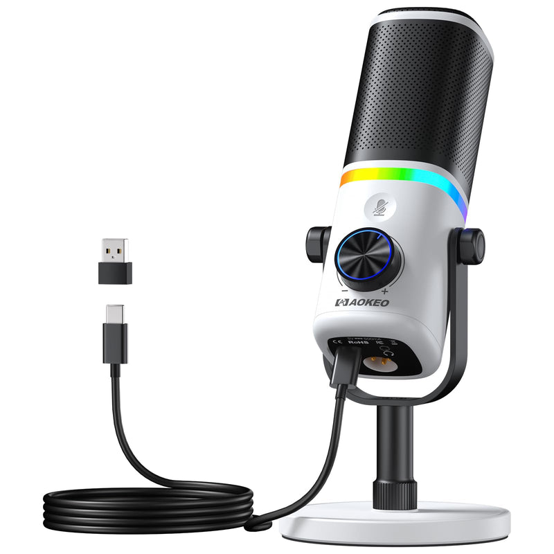 Aokeo Microphone for PC, AK-10 USB/XLR Dynamic Desktop Microphone for Gaming,Podcast,Streaming with RGB Light,Volume Control,Mute Button,Noise Reduction(White) AK-10white