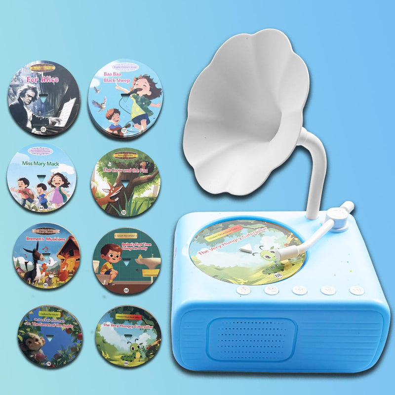 [AUSTRALIA] - Record Music Player for Kids - Toddler Phonograph with 96 Audio Tracks, 8 Recordable DIY Discs, Bluetooth Story Music Speaker Machine, Bedtime Dream Gift for Boys Girls 3-12 Classroom School (Blue) Blue 