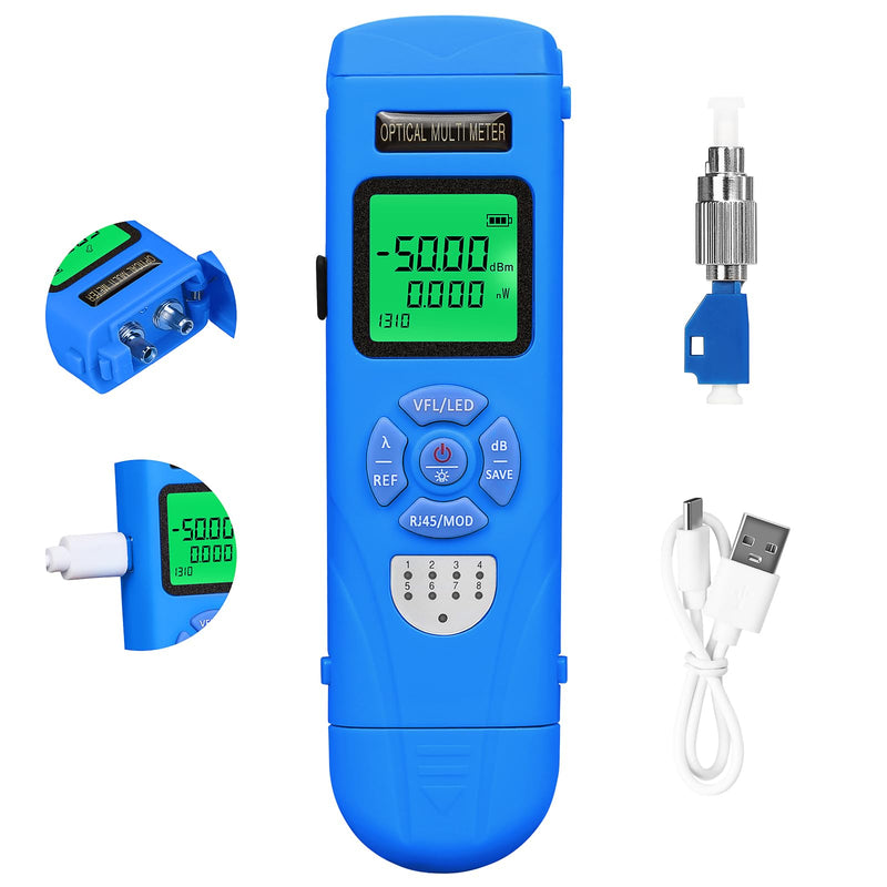 [AUSTRALIA] - Rechargeable Fiber Light Power Meter L-C50 (-50~+26dBm) Mini Fiber Optic Tester SC/FC/ST/LC Interface, Built-in Visual Fault Locator and RJ45tester with 1 FC-LC Adapter blue L-C50 15 