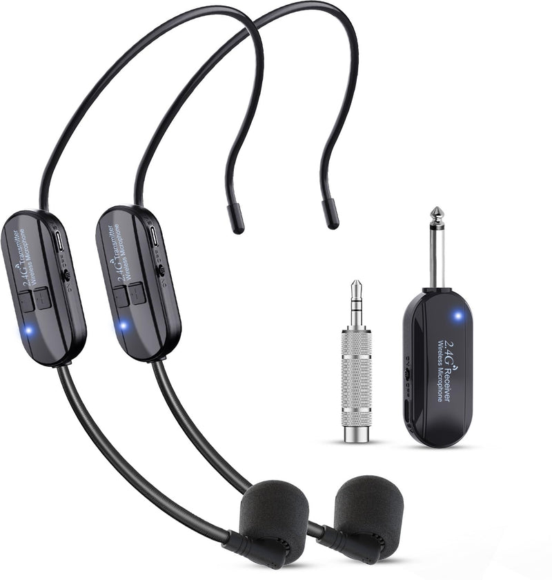 [AUSTRALIA] - Wireless Microphone Headset Double Professional: Cordless Mic Head for Two People, Heads Handheld Mics 2 in 1- USB-C Rechargeable - 1/4'' and 1/8'' Plug for PA System, Voice Amplifier,Teaching,Fitness Black1 
