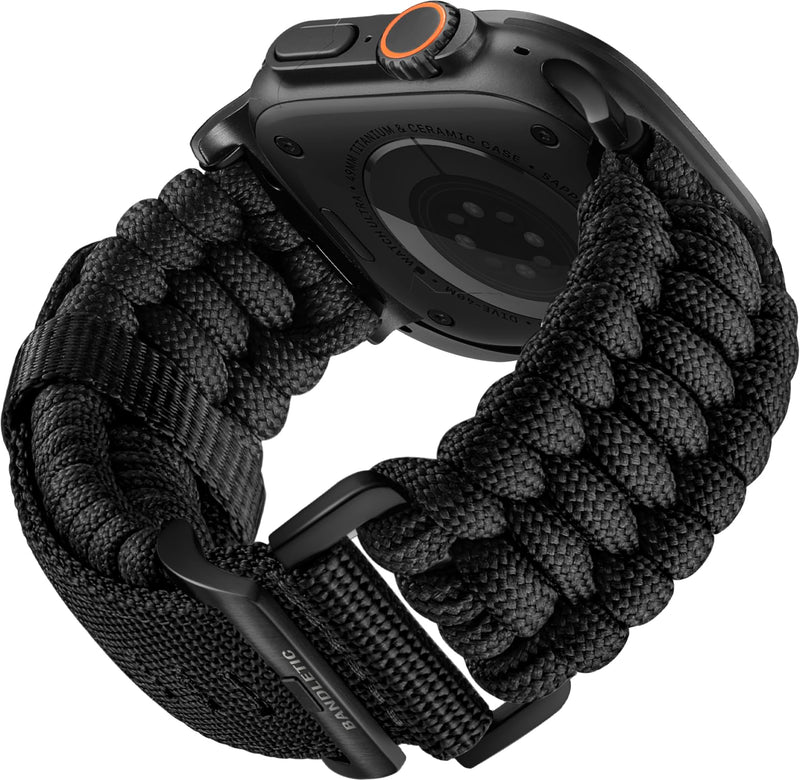 Bandletic Rugged Nylon Paracord Compatible with Apple Watch Bands for Men | Straps for 49mm Ultra, Series 11 10 46mm, 9/8/7 45mm, SE3/SE2/SE/6/5/4 44mm, 3/2/1 42mm Heikou-Black Large (6.7"- 7.7")49/46/45/44/42(S3/2/1)
