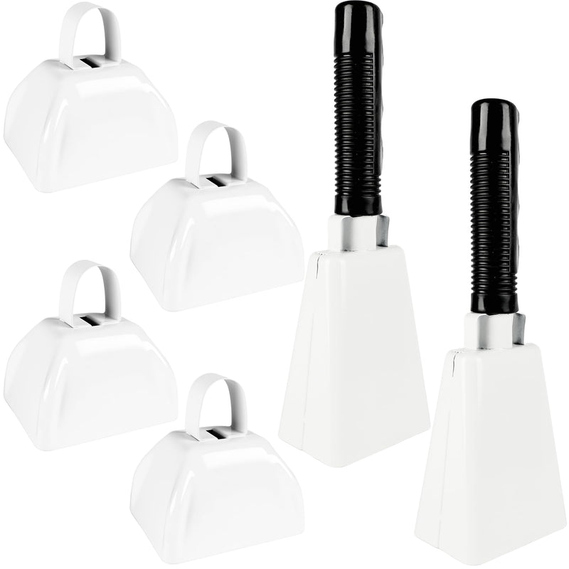 6 Pack Cow Bells Set with Handle Cheering Bell Hand Percussion Musical Instrument Loud Noise Makers for Sporting Events Football Games Stadiums, 2 Styles