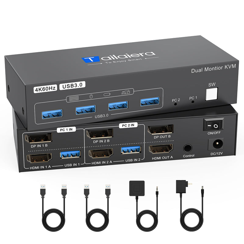 HDMI Displayport Kvm Switch 2 Monitors 2 Computers 4K@60Hz | Dual Monitor KVM Switch 2 Ports for 2 PC Share Mouse Keyboard and 2 Screens with USB 3.0 Cables and Extended Controller black 14 cm 2 PC 2 Monitor