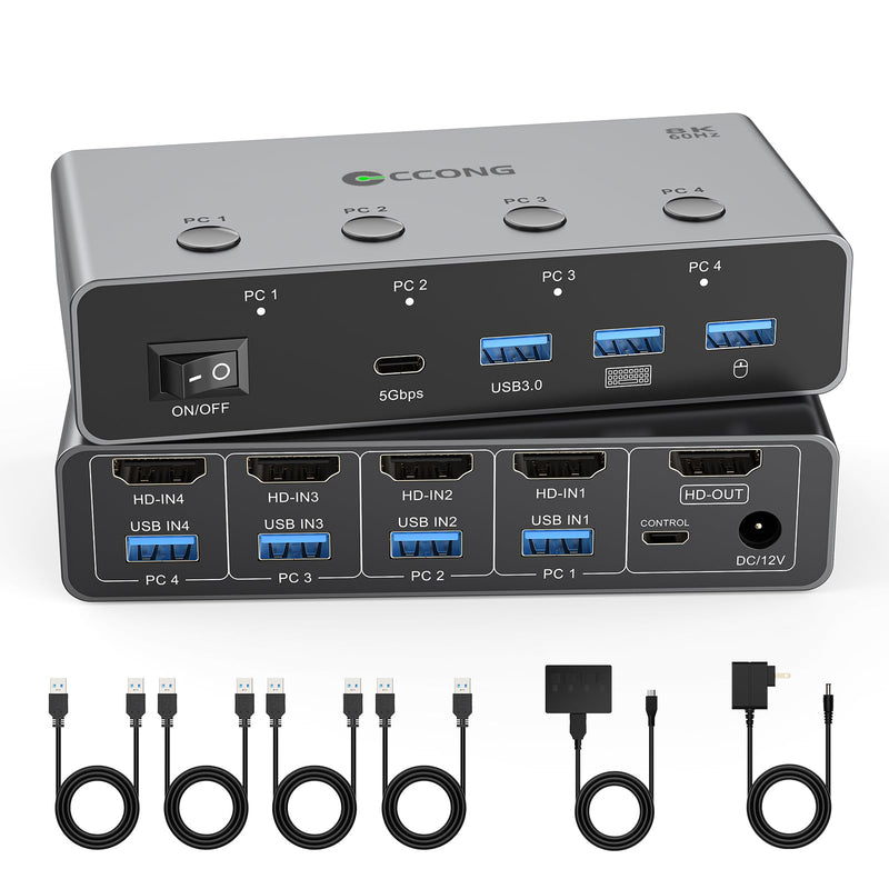 5Gbs HDMI KVM Switch 1 Monitor 4 Computers KVM Switches 8K@60Hz | 4 Port with 3 USB 3.0 and 1 USB C Ports Share Keyboard Mouse Hard Drives Printer with 4 USB Cables and Desktop Controller Space Gray 4 PC 1 Monitor